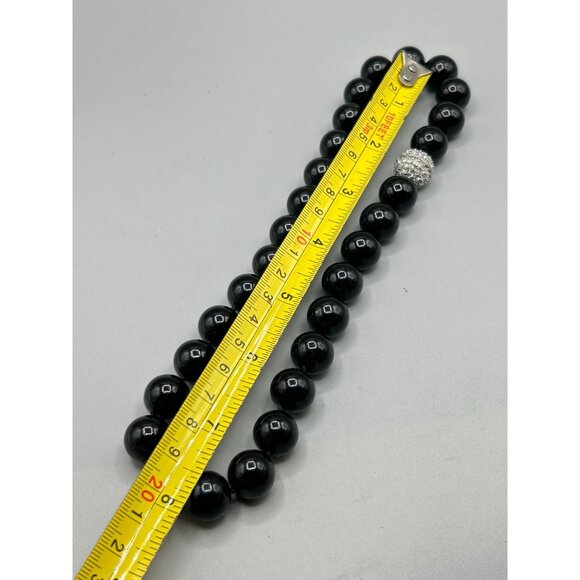 Vintage Black Beaded Glass Necklace Rhinestones Clasp Hand Knotted Fancy Jewelry - Picture 10 of 10